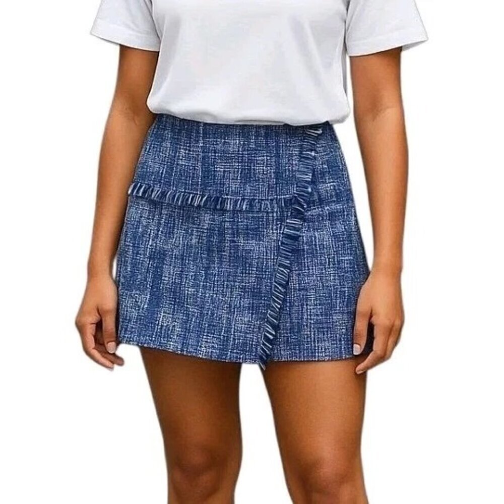 Halogen Tweed A Line Skirt Size 6 Blue Navy White Fringe Trim Side Zip Lined